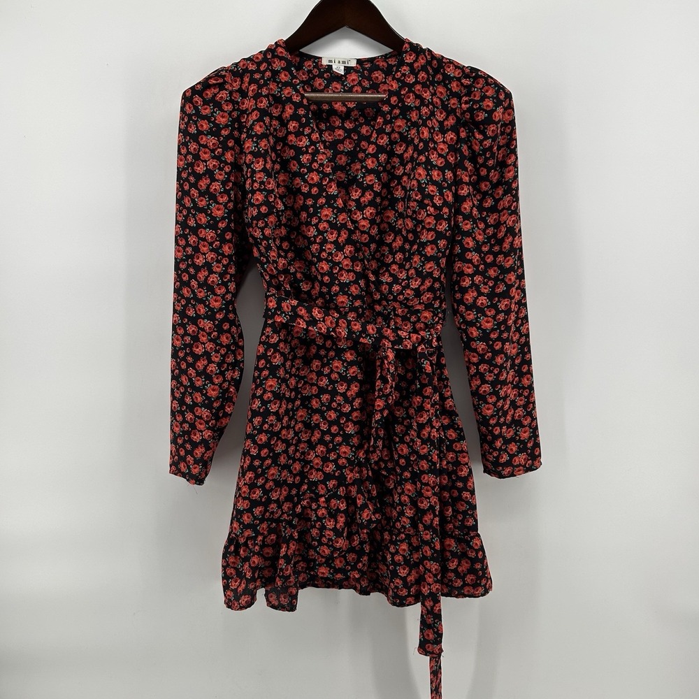 Mi‎ Ami Seenah Womens XS Floral Faux Wrap Mini Dress Rose Print Tie Waist Boho